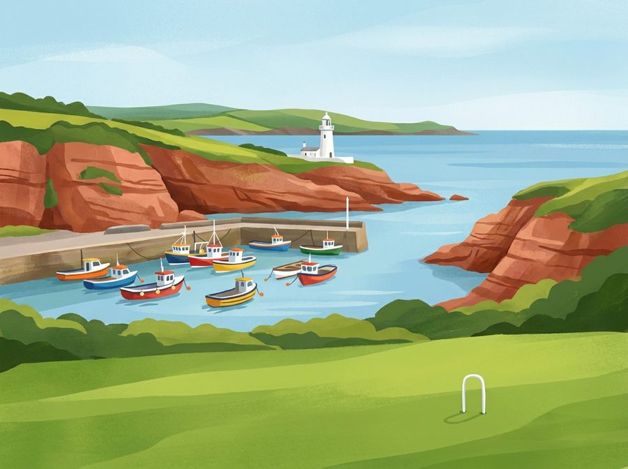 Croquet in Dunmore East — harbour with fishing boats and lighthouse, Co. Waterford