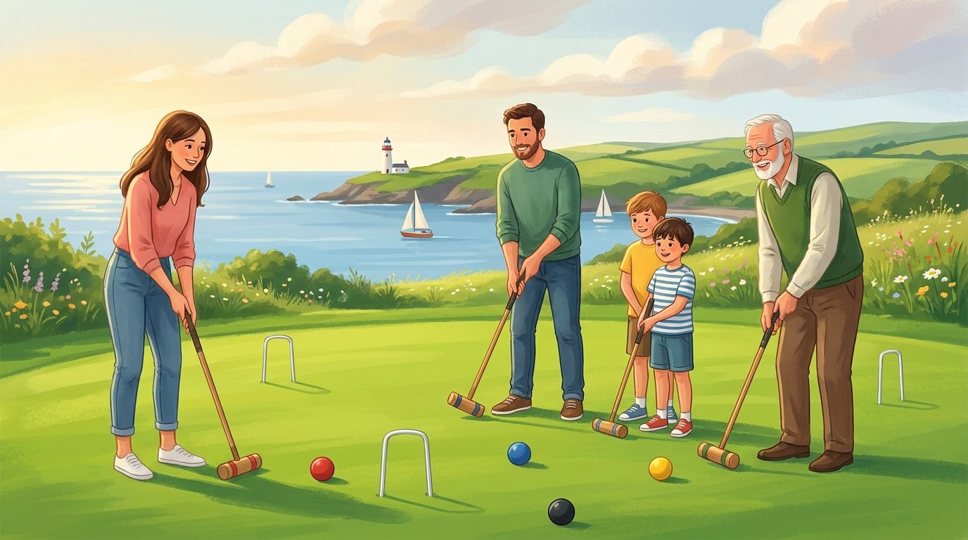 A family of all ages playing croquet on a green lawn overlooking the Waterford coast